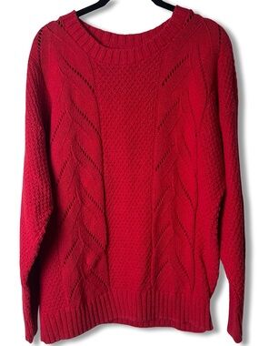 VTG 70s Cuddle‎ Knit Red Cotton Cable Pointelle Crewneck Sweater Made USA